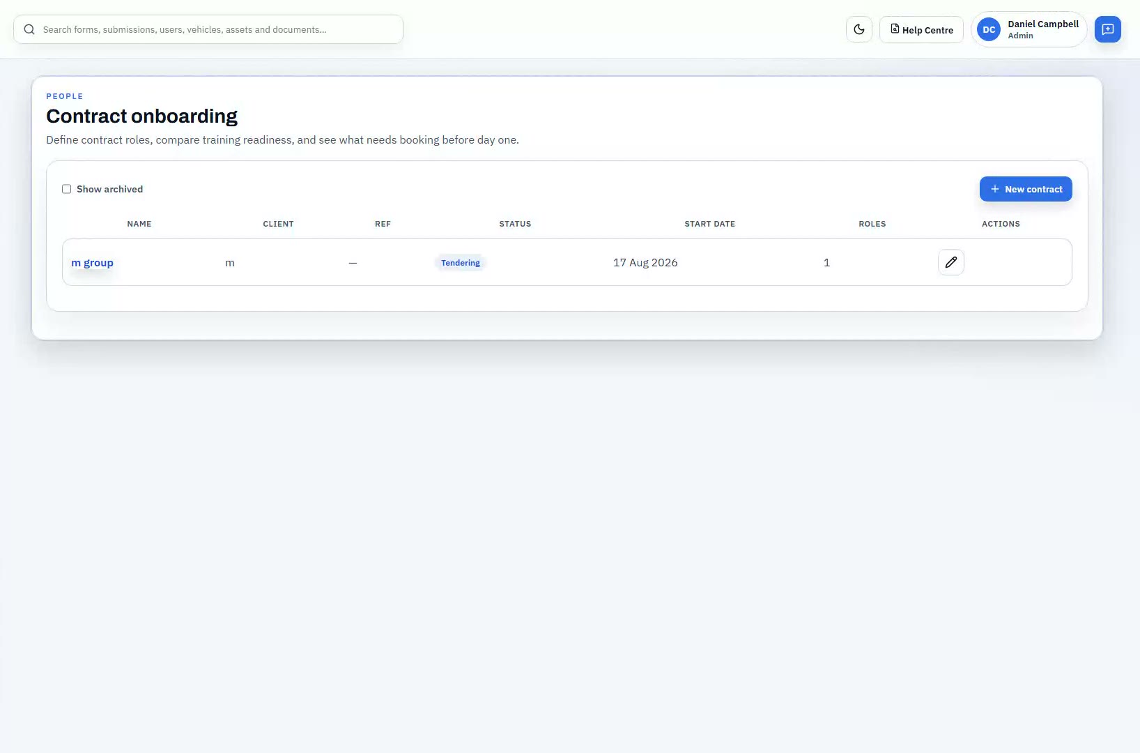 Contract onboarding readiness, showing roles per contract