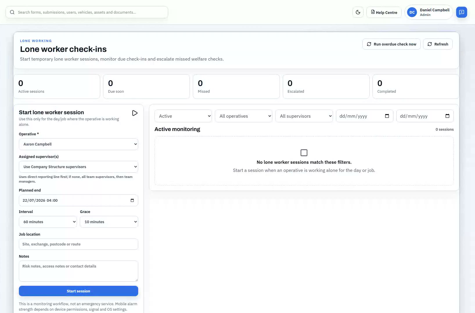 Lone working check-in history showing a completed session