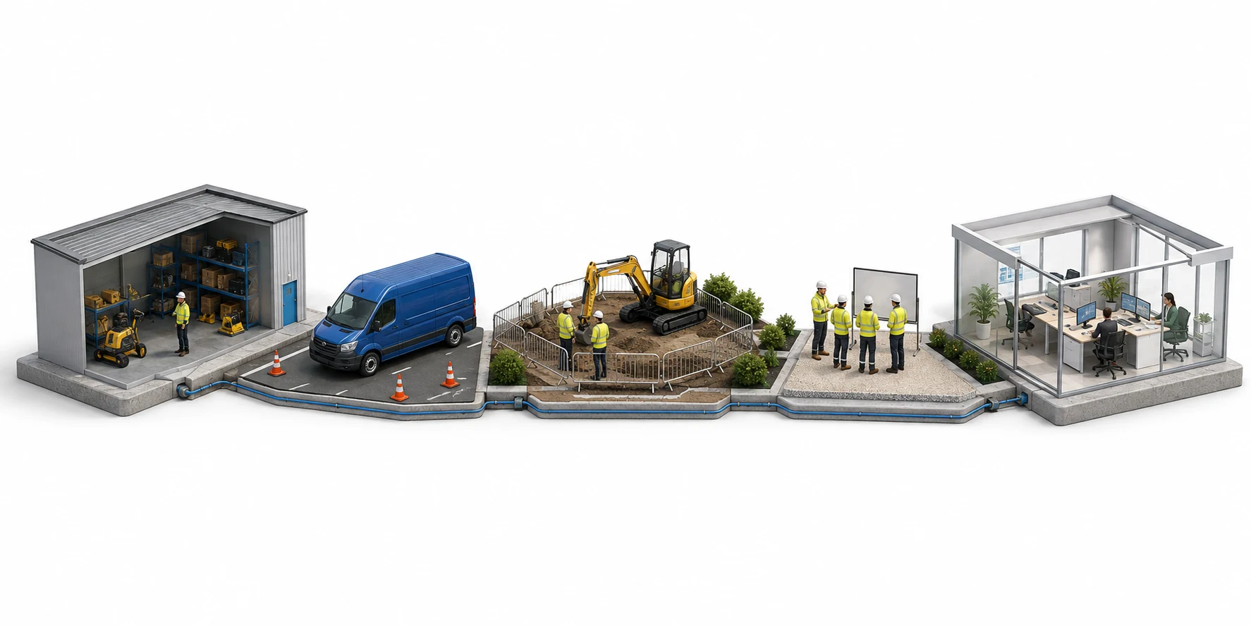 An illustrated operation connecting an equipment depot, fleet vehicle, field crew, team briefing and office