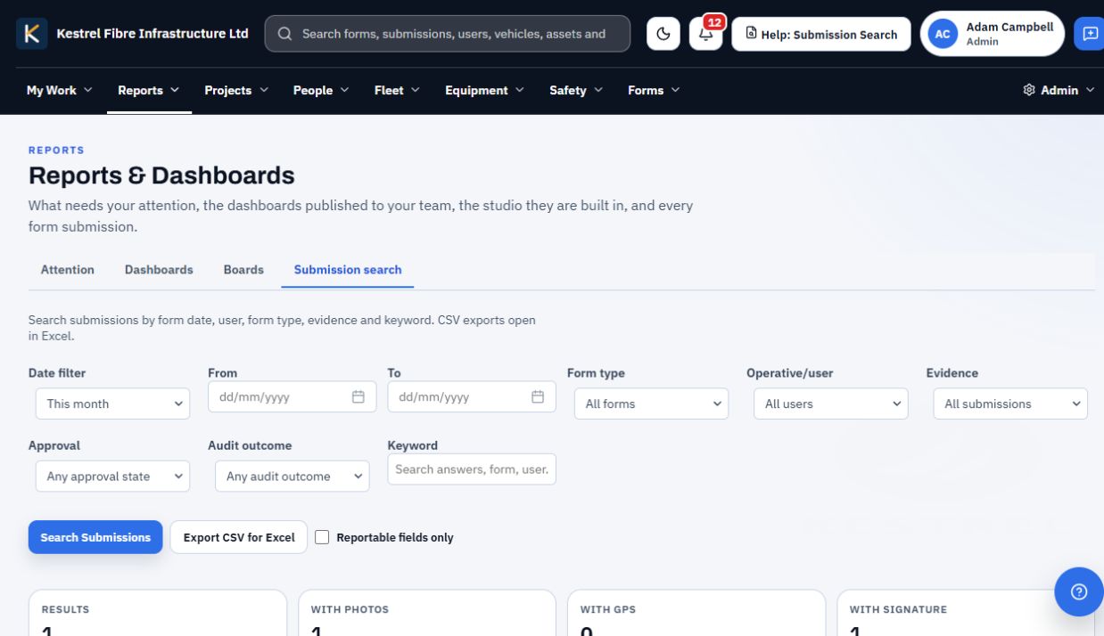 Submission search with form date, user, evidence, approval and audit outcome filters
