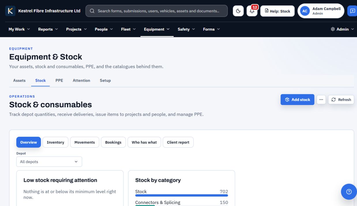 Stock and consumables overview showing stock categories and low-stock status